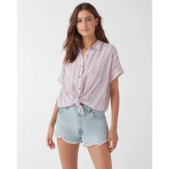 Splendid Button-Up Striped Short Sleeve Collared Pink White Top Size S NWT - Picture 3 of 9